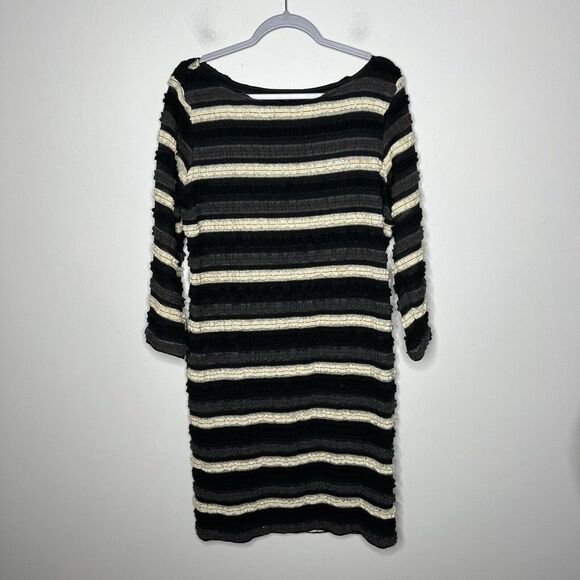 Sharagano Dress Womens Size 14 Striped Textured 3/4 Sleeves Boho Fall Black - Picture 9 of 13